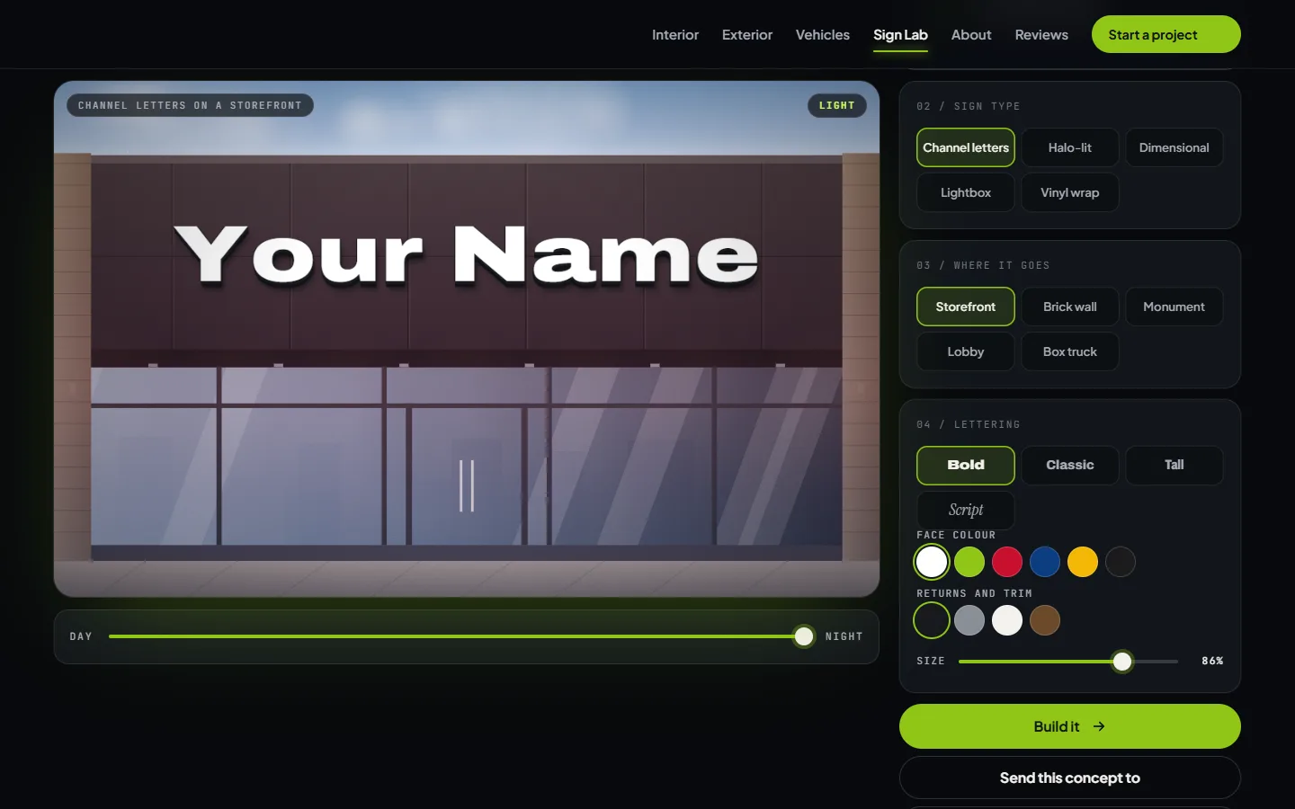 A sign design tool with sign type, placement, lettering and color controls